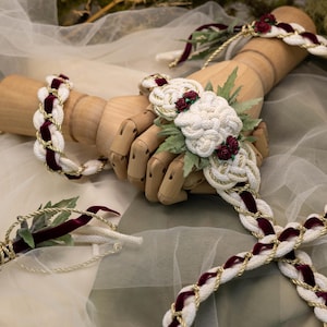Handfasting Cord - Bloom - Customisable artisan Celtic Knot wedding rope with florals, made from sustainable cotton and Burgundy velvet