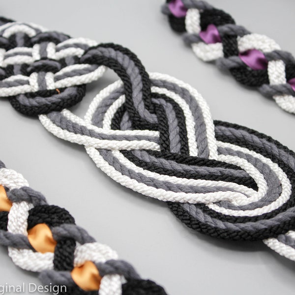 Handfasting Cord - Celtic 'Nine Knots' Design - White + Grey + Black - Custom Infinity Love Knot wedding handtying cord/ribbon/rope/sash