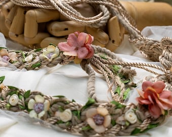 Handfasting Cord- 'Hearts Entwined Infinity Autumn Sand'- Customisable Celtic Wedding hand-tying cord- Sand+ Peach Florals+ Ivory Satin Rose
