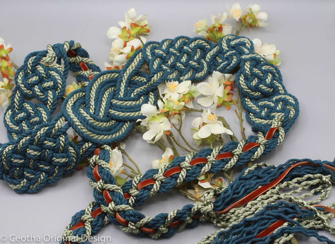 Handfasting Cord - BESPOKE Triple Celtic Love-Knot Handfasting Cord/Ribbon/Rope with Gold Leaves Teal + Sage + Rust