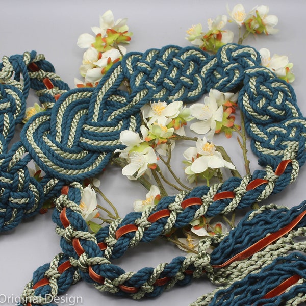Handfasting Cord - Celtic 'Nine Knots' Design - Teal + Green + Copper - Custom Infinity Love Knot wedding handtying cord/ribbon/rope/sash