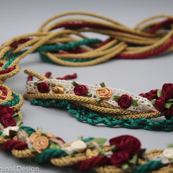 Handfasting Cord - Seven Knot Wild Rose in Burgundy, Gold, Emerald - Infinity Celtic Love Knot