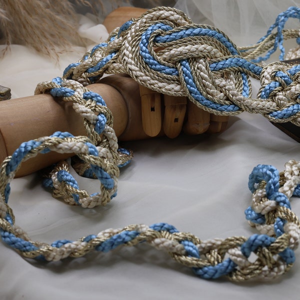 Handfasting Cord - Celtic 'Nine Knots' Design - Ivory + Light Blue + Gold - Custom Infinity Love Knot wedding handtying cord/ribbon/rope