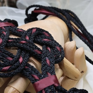 Handfasting Cord - Bespoke triple Celtic Love-Knot Handfasting Cord/Ribbon/Rope  Black with burgundy accents and optional leaves
