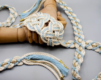 Hearts Entwined Handfasting Cord: Ivory, Light Blue & Gold Celtic Knot