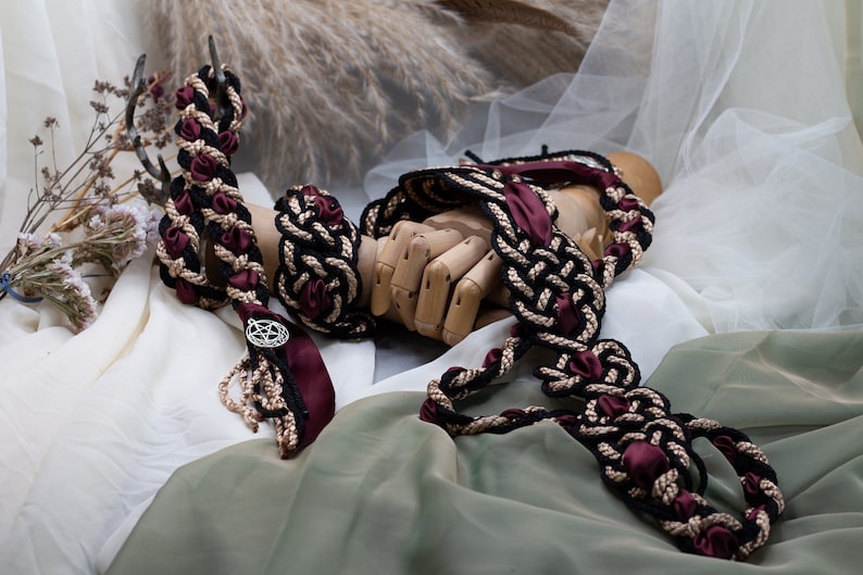 Handfasting Cord Celtic 'Nine Knots' Design Black Gold with extra wide ribbon Burgundy Choose Your own Colours Custom Love Knot image 4