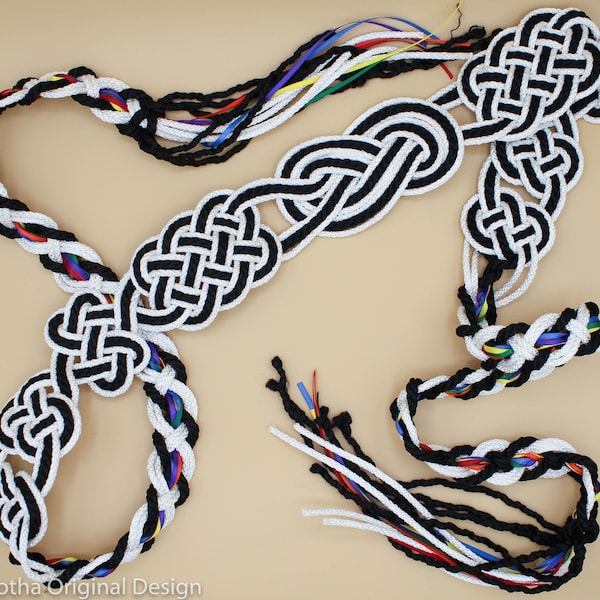 Handfasting Cord - Celtic 'Nine Knots' Design - Black + White + Rainbow Accents - Custom Infinity Love Knot wedding handtying cord/ribbon