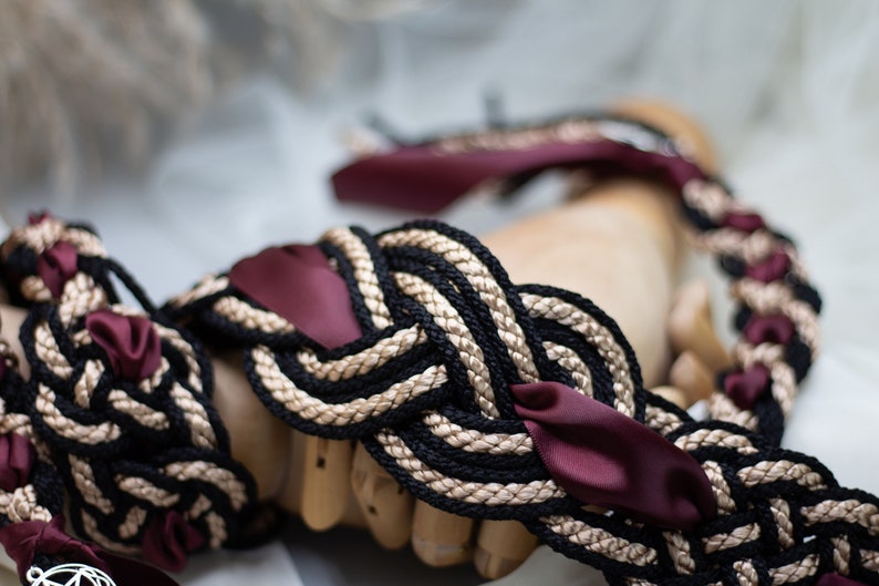 Handfasting Cord Celtic 'Nine Knots' Design Black Gold with extra wide ribbon Burgundy Choose Your own Colours Custom Love Knot image 6