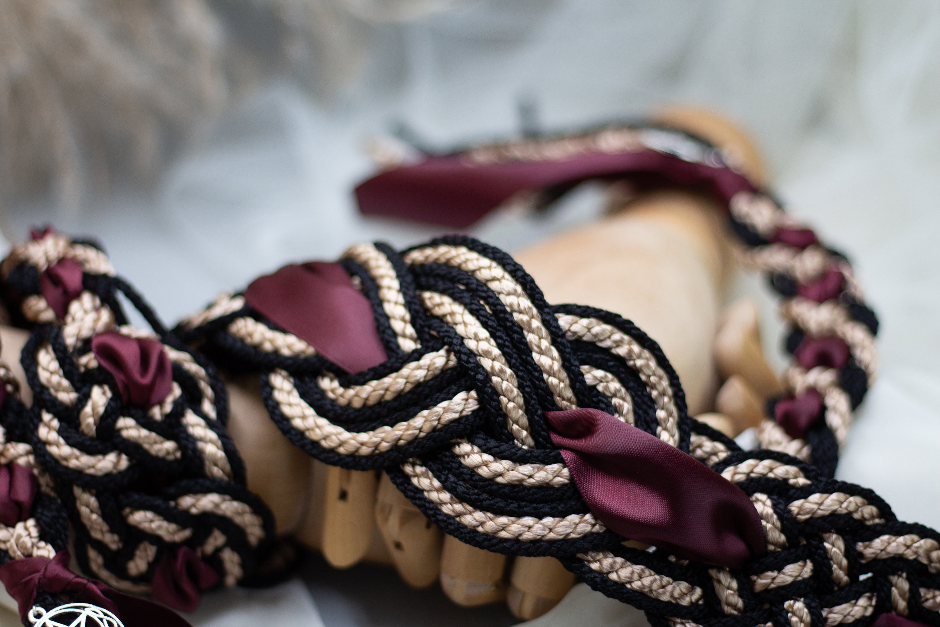 Handfasting Cord - Celtic 'Nine Knots' Design - Black + Gold with Extra Wide Ribbon Burgundy Choose Your Own Colours Custom Love Knot