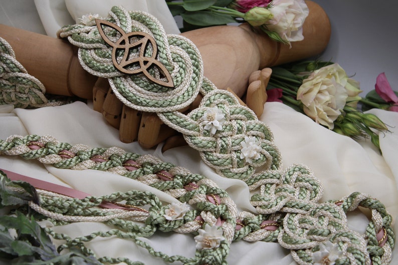 Handfasting Cord Celtic 'Nine Knots' Design Serch Bythol Custom Infinity Love Knot wedding handtying cord/ribbon/rope/sash Sage, Blush image 6