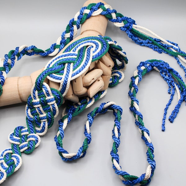 Handfasting Cord - Celtic 'Nine Knots' Design - Blue + Green + White - Custom Infinity Love Knot wedding handtying cord/ribbon/rope/sash