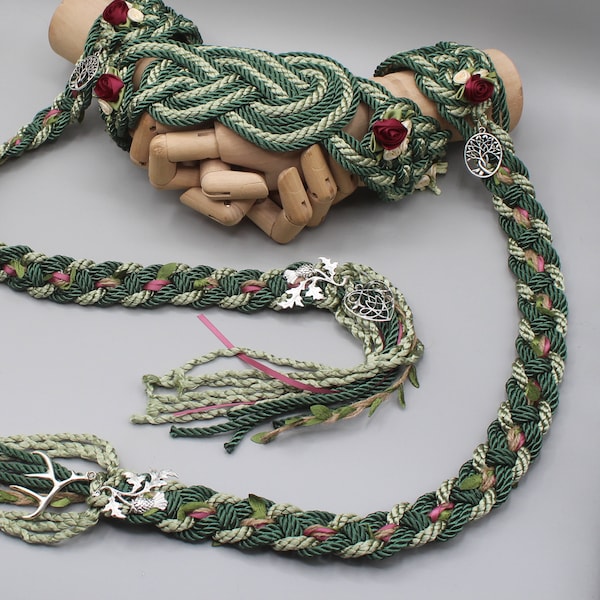 Handfasting Cord - Celtic 'Nine Knots' Design - Green with floral roses - Custom Infinity Love Knot wedding handtying cord/ribbon/rope/sash