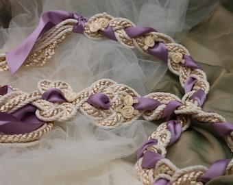 Handfasting Cord- Infinity Tie Magdalene Love Knot- Customisable Wedding hand-tying cord, Champagne with XL Fresco / Lilac ribbon