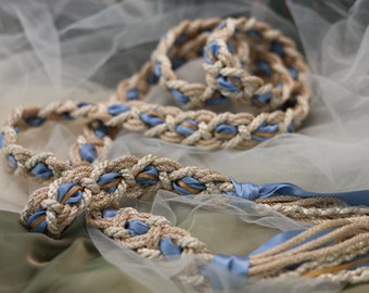 Handfasting Cord - Champagne and Cream bench blue ribbon and old gold accent - Can be customised