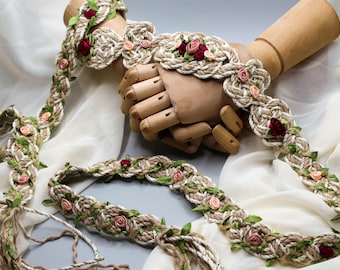 Handfasting Cord- 'Fae Garden Autumn Rose'- Celtic Love Knot- Custom Wedding hand-tying Cord- Sustainable cotton with leaves and roses