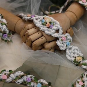 Handfasting Cord- 'Fae Garden Pastel Rainbow'- Bespoke Celtic Love Knot wedding hand-tying cord- Pastel Satin Roses + Metal Silver + Natural