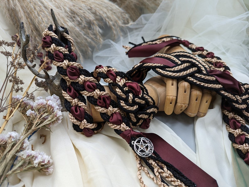 Handfasting Cord Celtic 'Nine Knots' Design Black Gold with extra wide ribbon Burgundy Choose Your own Colours Custom Love Knot image 5