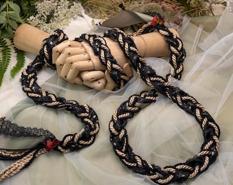 Handfasting Cord- Black & Taupe with Dark Sage Ribbon, Black Lace + Burgundy Paper Roses - Wedding Hand-Tying cord- Choose Your own Colours