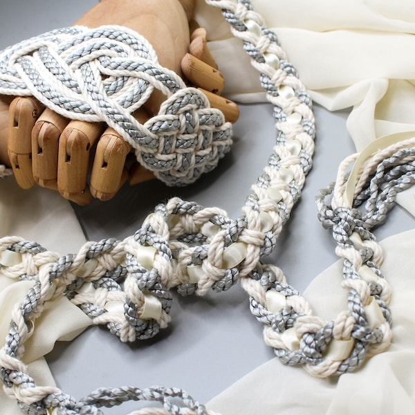 Handfasting Cord - Celtic 'Nine Knots' Design - silver + natural cotton - Custom Infinity Love Knot wedding handtying cord/ribbon/rope/sash