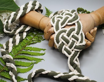 Handfasting Cord- 'Hearts Entwined Earthy Green'- Customisable Celtic Love Knot- Wedding hand-tying cord- Sustainable cotton Olive and white