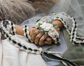 Handfasting Cord- Natural with Emerald Bloom- Bespoke artisan Celtic Knot Wedding Hand-Tying cord with florals, made from sustainable cotton