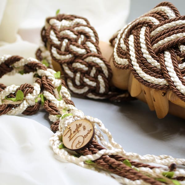 Handfasting Cord - Celtic 'Nine Knots' Design - Brown + Ivory - Custom Infinity Love Knot wedding handtying cord/ribbon/rope/sash