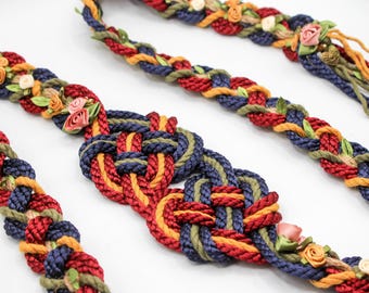 Handfasting Cord - 'Hearts Entwined Burgundy & Navy with Roses and Leaves'- Custom Heart Love Knot Wedding Hand-Tying cord/ribbon/rope/sash