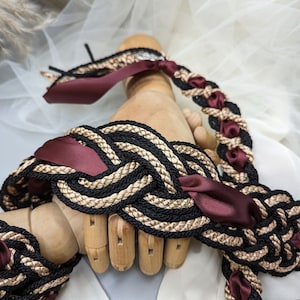 Handfasting Cord - Celtic 'Nine Knots' Design - Black + Gold with extra wide ribbon Burgundy Choose Your own Colours Custom Love Knot