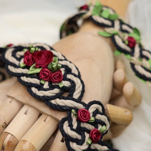 Handfasting Cord - 'Fae Garden' Black - Bespoke Celtic Love Knot wedding rope with burgundy/wine red roses