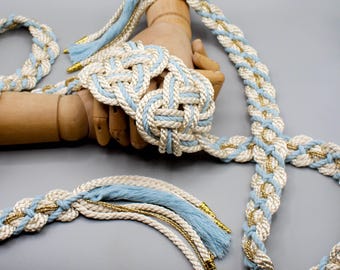 Handfasting Cord - 'Hearts Entwined Ivory Light Blue & Gold'- Customisable Celtic Heart Love Knot Wedding hand-tying cord/ribbon/rope/sash