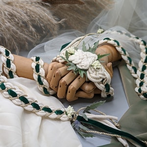 Handfasting Cord - Natural with Emerald Bloom - Bespoke artisan Celtic Knot wedding rope with florals, made from sustainable cotton