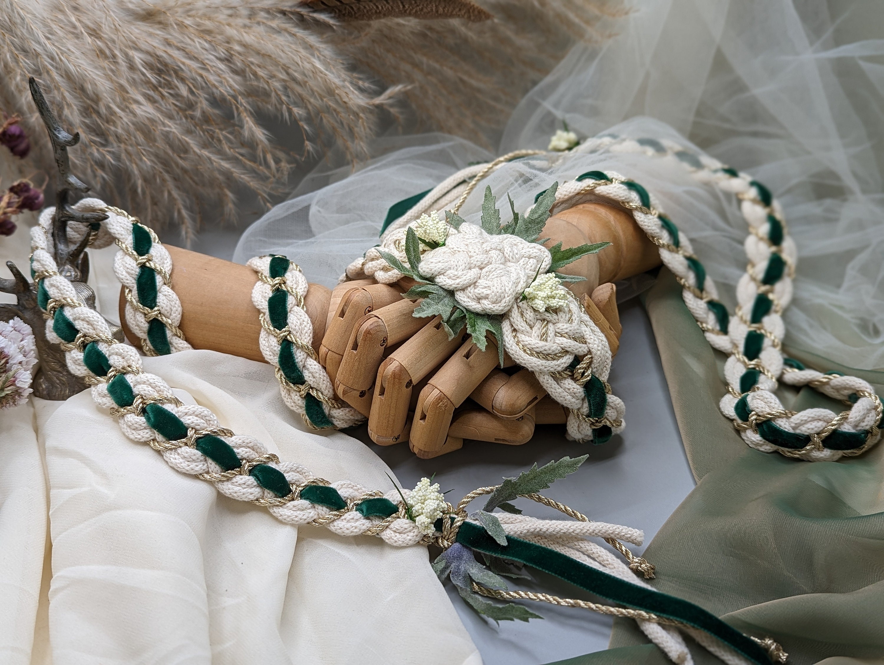Handfasting Cord- Natural with Emerald Bloom- Bespoke artisan Celtic Knot Wedding Hand-Tying cord with florals, made from sustainable cotton