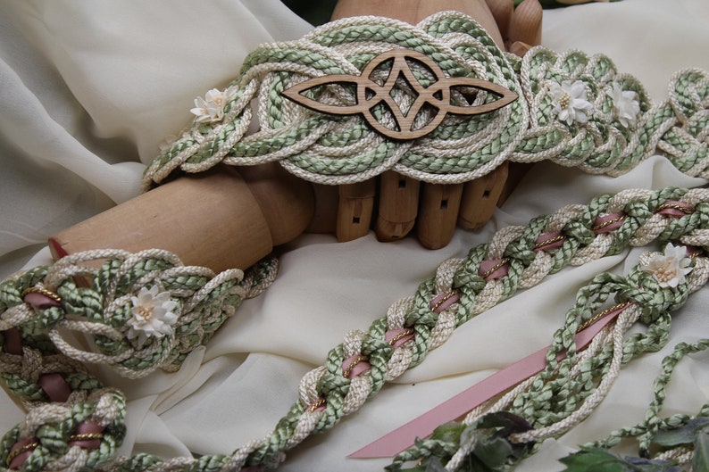 Handfasting Cord Celtic 'Nine Knots' Design Serch Bythol Custom Infinity Love Knot wedding handtying cord/ribbon/rope/sash Sage, Blush image 1