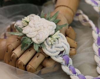 Handfasting Cord - Natural with Lilac Ribbon - Bespoke artisan Celtic Knot wedding rope with florals, made from sustainable cotton