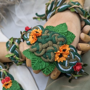 Handfasting Cord - Green Bloom with florals - Bespoke artisan Celtic Knot wedding rope with florals and leaves, made from sustainable cotton