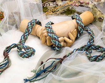 Handfasting Cord - Braid - Eucalyptus + Peacock + Silver + Green with dark leather - Wedding Hand-Tying cord- Choose Your own Colours