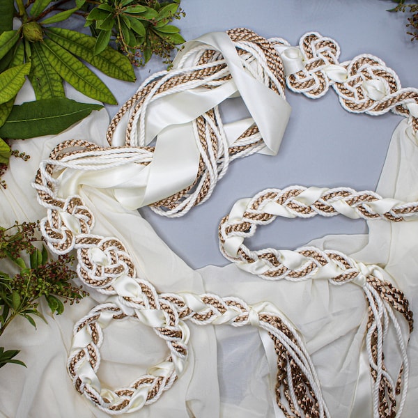 Handfasting Cord - 'Tie your own' Magdalene Infinity Love Knot, customisable wedding cord, Taupe/Bronze with XL antique white ribbon