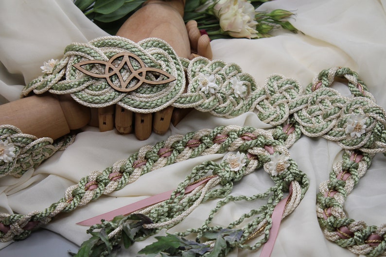 Handfasting Cord Celtic 'Nine Knots' Design Serch Bythol Custom Infinity Love Knot wedding handtying cord/ribbon/rope/sash Sage, Blush image 7