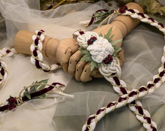 Burgundy Velvet Handfasting Cord with Florals: Celtic Knot Ceremony Rope