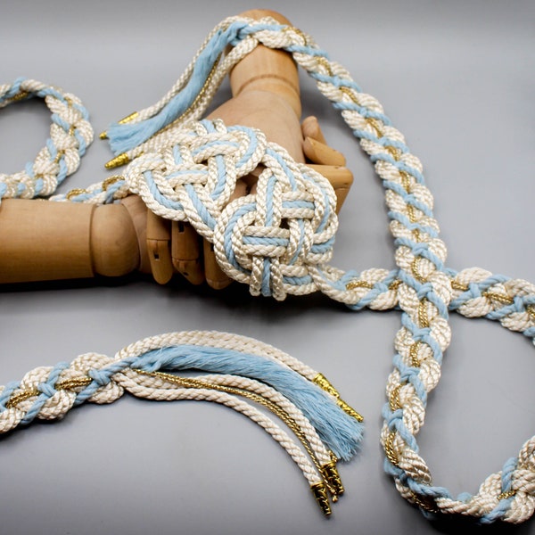 Handfasting Cord - 'Hearts Entwined' Ivory Light Blue Gold - Customisable Celtic Heart Love Knot wedding handtying cord/ribbon/rope/sash