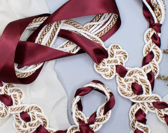 Handfasting Cord - 'Tie your own' Magdalene Infinity Love Knot, customisable wedding cord in Taupe/Bronze with Burgundy XL ribbon