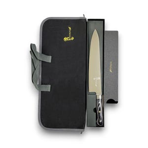 10.75 in Chef Knife German Steel Pakkawood Handle Edge Guard Black Storage Bag