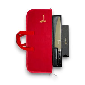 German Steel Chef Knife 9.5" Set Pakkawood Handle Red Waxed Canvas Bag