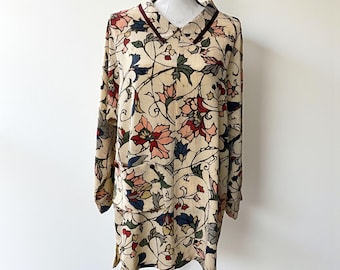 Vintage Silk Kimono Remake Tunic Blouse Batik Floral Pullover Top