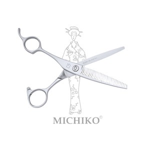 May include: Silver-colored thinning shears with a serrated blade and a smooth blade, featuring a finger rest and two finger rings. The text "MADE IN JAPAN" is engraved on the blade, and the word "MICHIKO" is printed below a line drawing of a person.