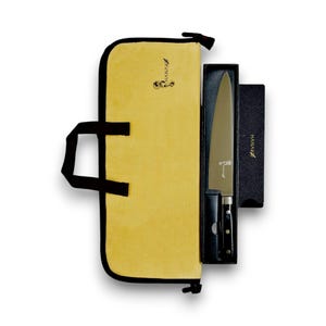 9.5 in Chef Knife German Steel Pakkawood Handle Edge Guard Beige Storage Case