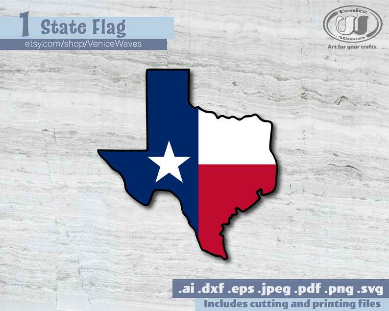 May include: A Texas state flag design in the shape of the state, featuring a blue field with a white star and a vertical red and white stripe. The image includes the text "State Flag" and the Etsy shop URL.