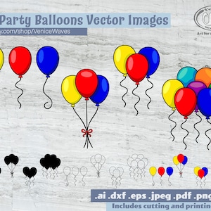 May include: A set of 16 vector images of party balloons in various colors, including red, yellow, blue, green, orange, and purple. The balloons are grouped in different arrangements, some with strings and some without. The images are in .ai, .dxf, .eps, .jpeg, .pdf, .png, and .svg formats. Includes cutting and printing files.