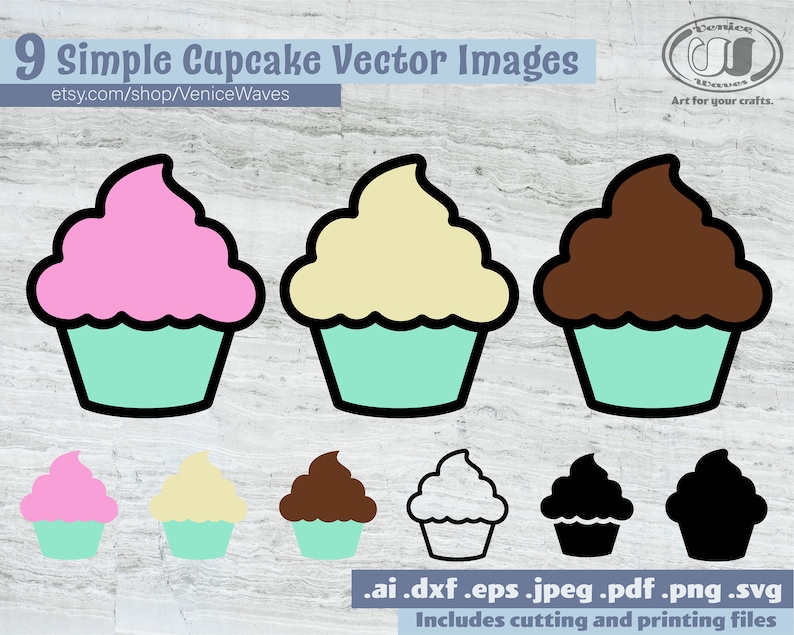 May include: Nine simple cupcake vector images in various colors, including pink, yellow, brown, white, and black. The cupcakes are outlined in black and have a light blue frosting base. The image includes the text "9 Simple Cupcake Vector Images" and "etsy.com/shop/VeniceWaves".