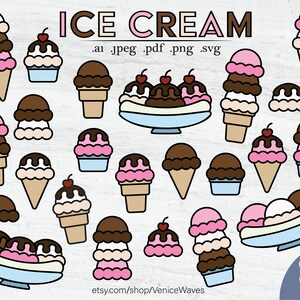 Pode incluir: Um conjunto de 23 ilustrações coloridas de cones e taças de sorvete. As ilustrações apresentam diferentes sabores e coberturas, incluindo chocolate, baunilha, morango e granulado. O texto "ICE CREAM" está na parte superior da imagem, e o texto ".ai .jpeg .pdf .png .svg" está abaixo. O texto "23 Images" está no canto inferior direito da imagem.